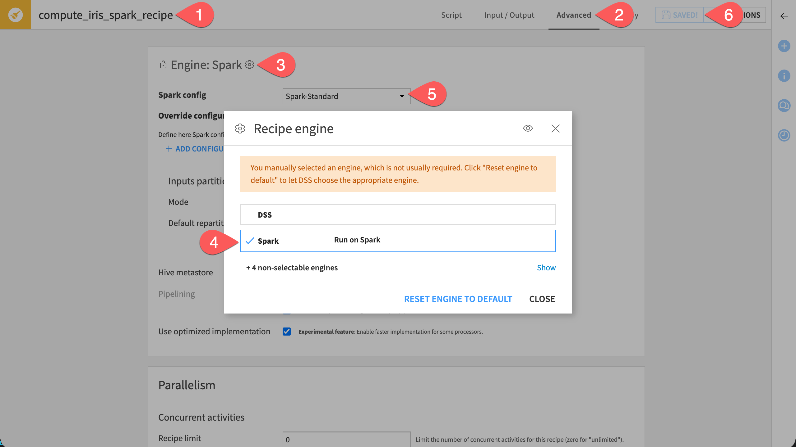 Screenshot of advanced Spark configuration in a Prepare recipe.