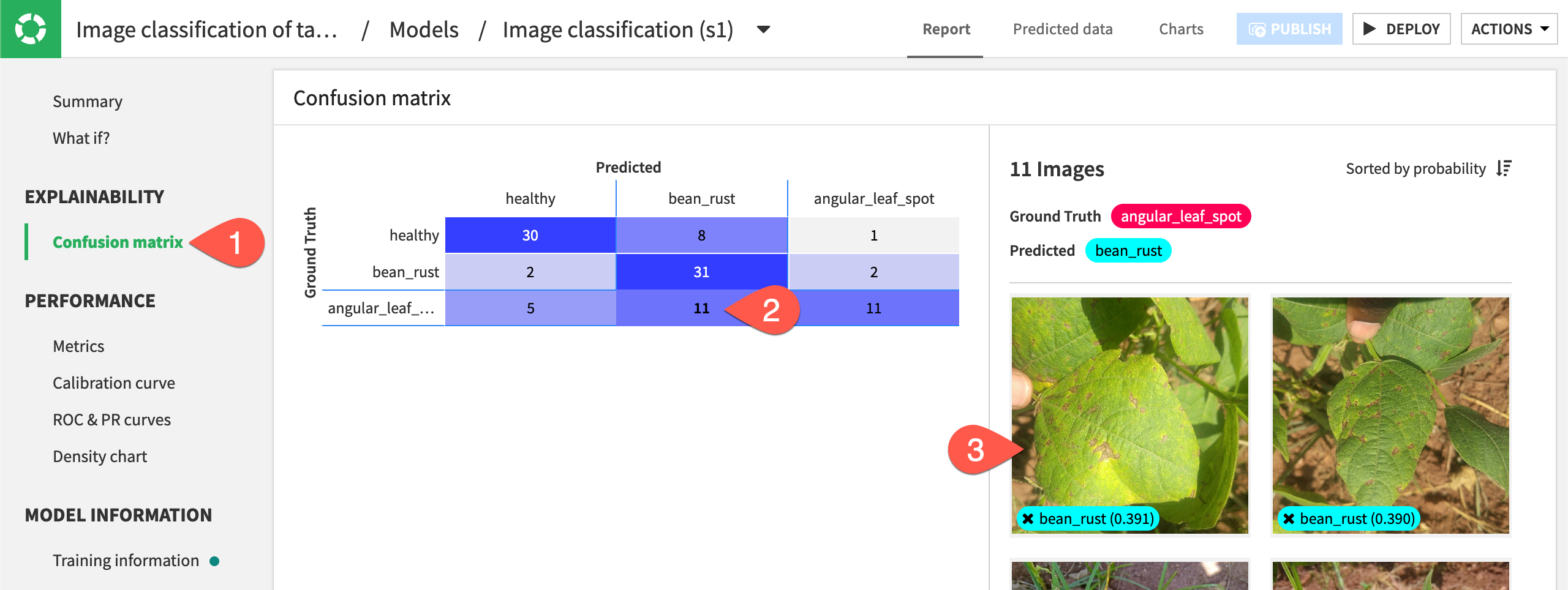 Confusion matrix showing the breakdown of true vs predicted classes for the images.