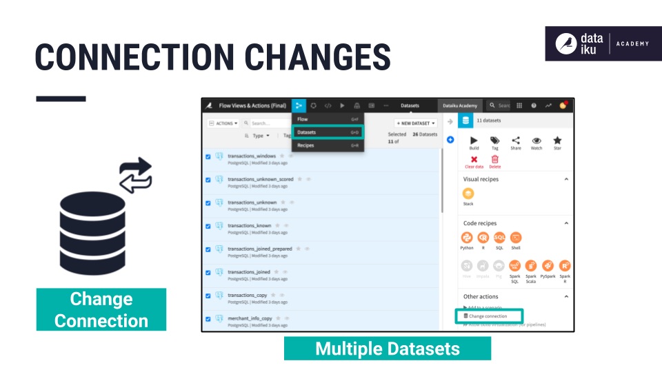 Dataiku screenshot of change connection option in the right Actions panel.