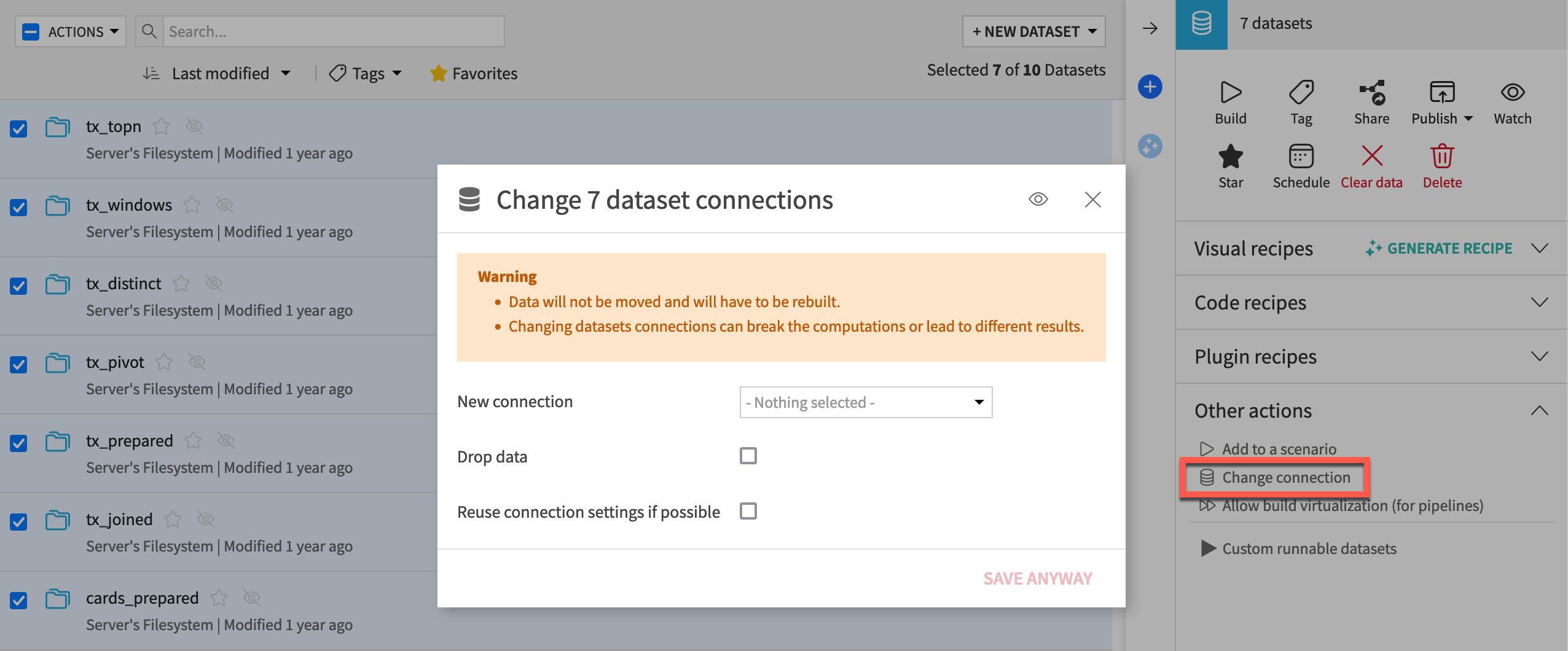 Dataiku screenshot of change connection option in the right Actions panel.