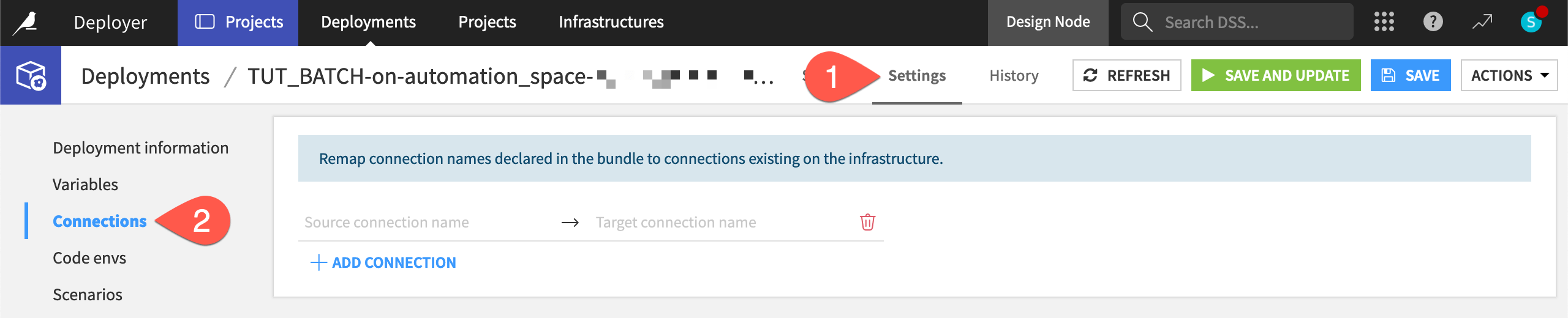 Dataiku screenshot of the Connections page of a deployment's settings.