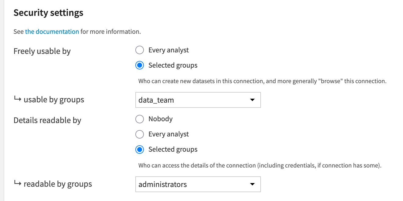 Dataiku screenshot of the security settings of a connection.