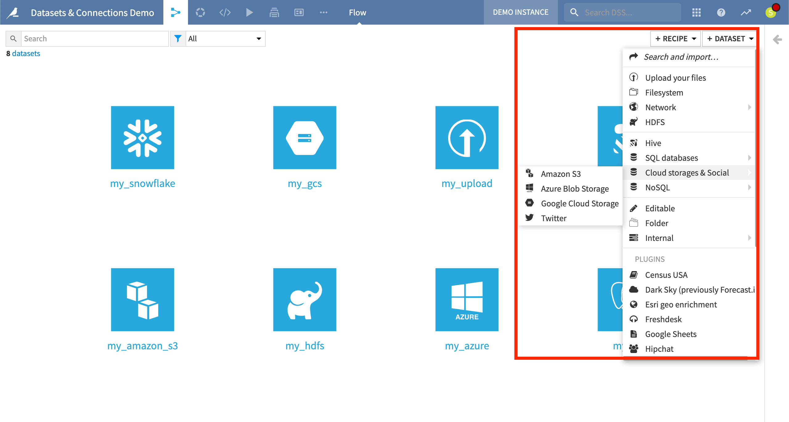 A Dataiku screenshot showing how to import a new dataset.