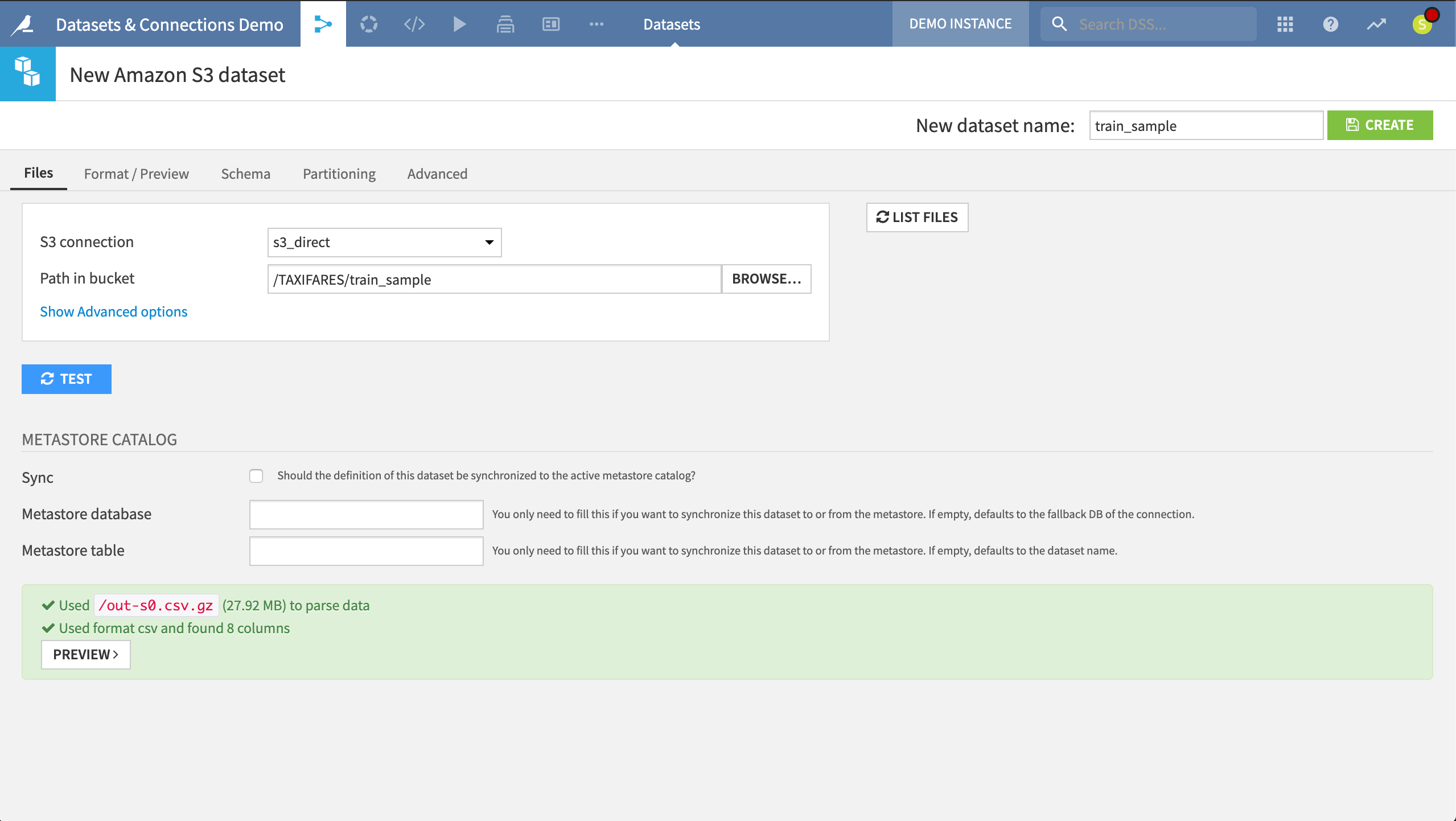 A Dataiku screenshot showing how to preview a dataset and its schema.