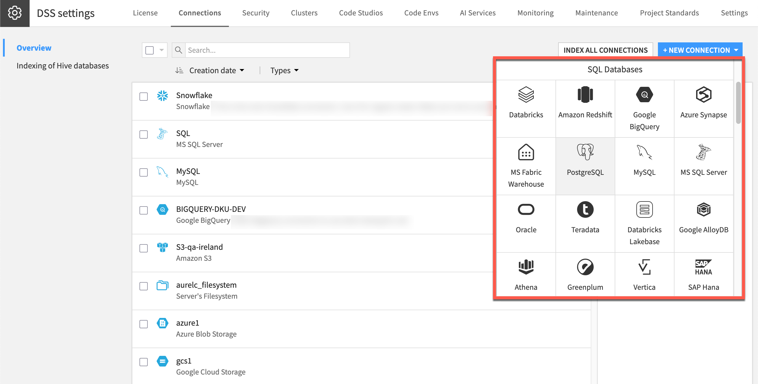 Dataiku screenshot of the Connections page.