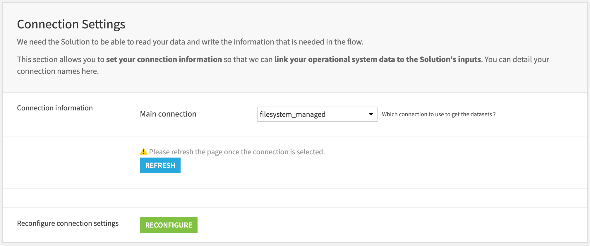 Dataiku screenshot of the Connection Settings part of the Project Setup for Store Segmentation