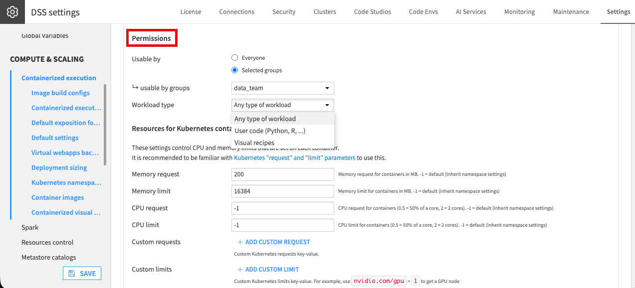 Screenshot of the Permissions section of a containerized execution config, with "Usable by" set to Selected groups.