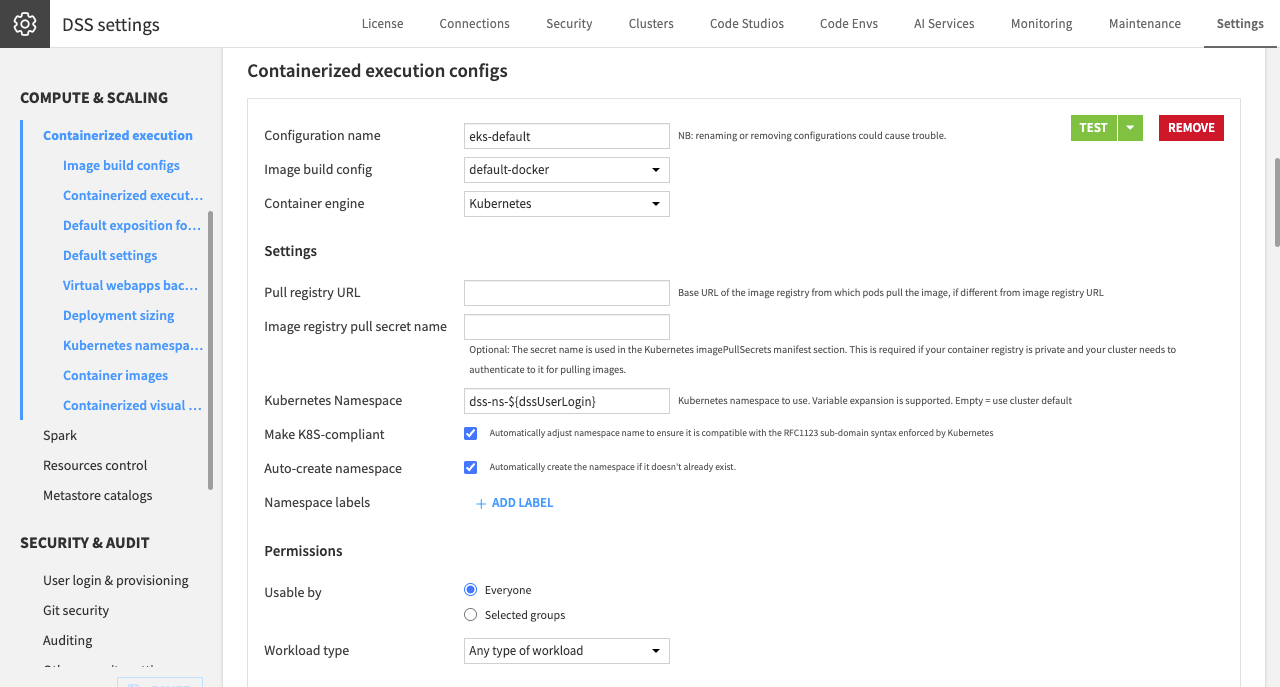 Screenshot of a containerized execution config, showing the pull secret and namespace settings.