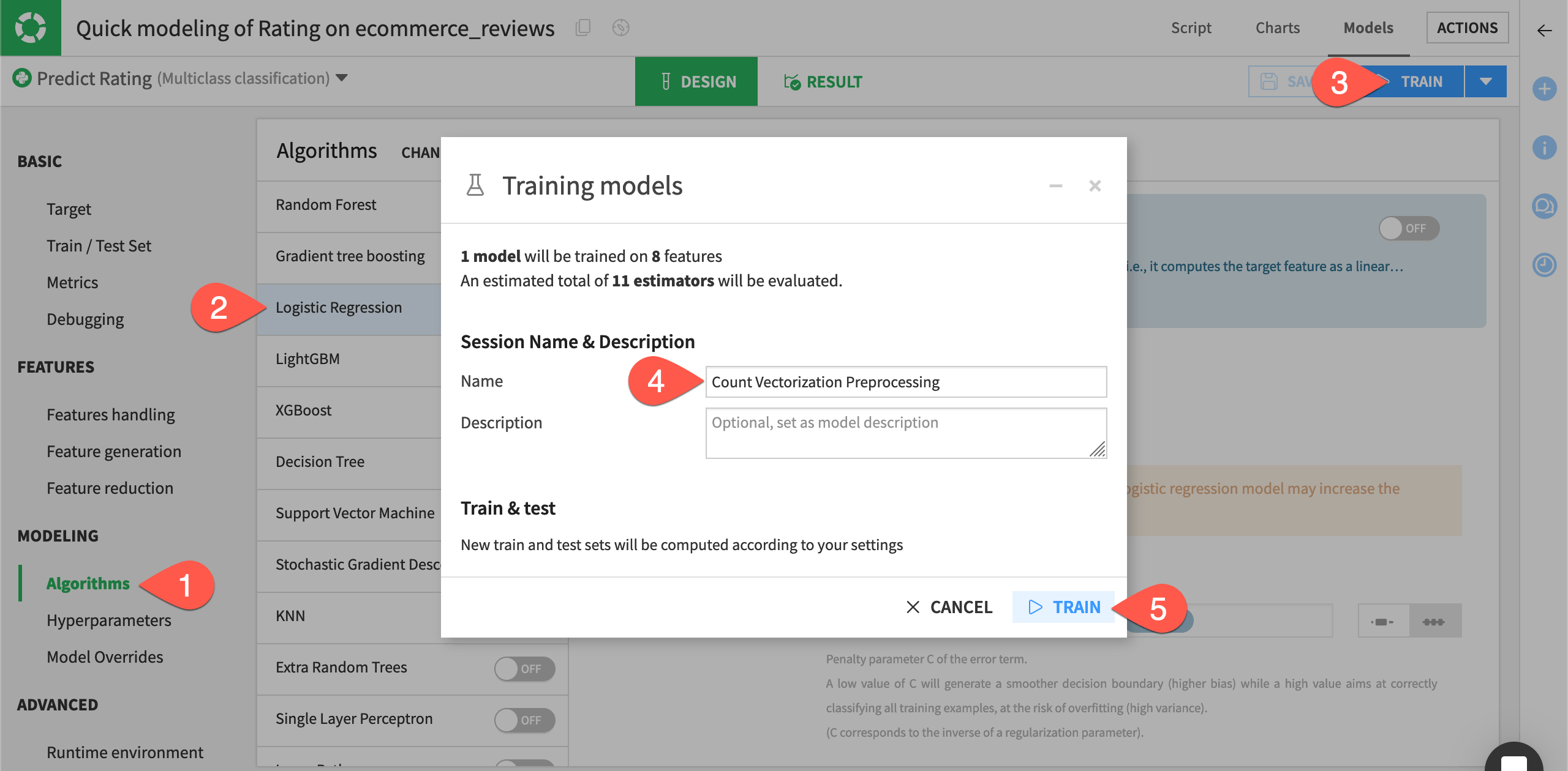 Dataiku screenshot of the dialog to train a model.