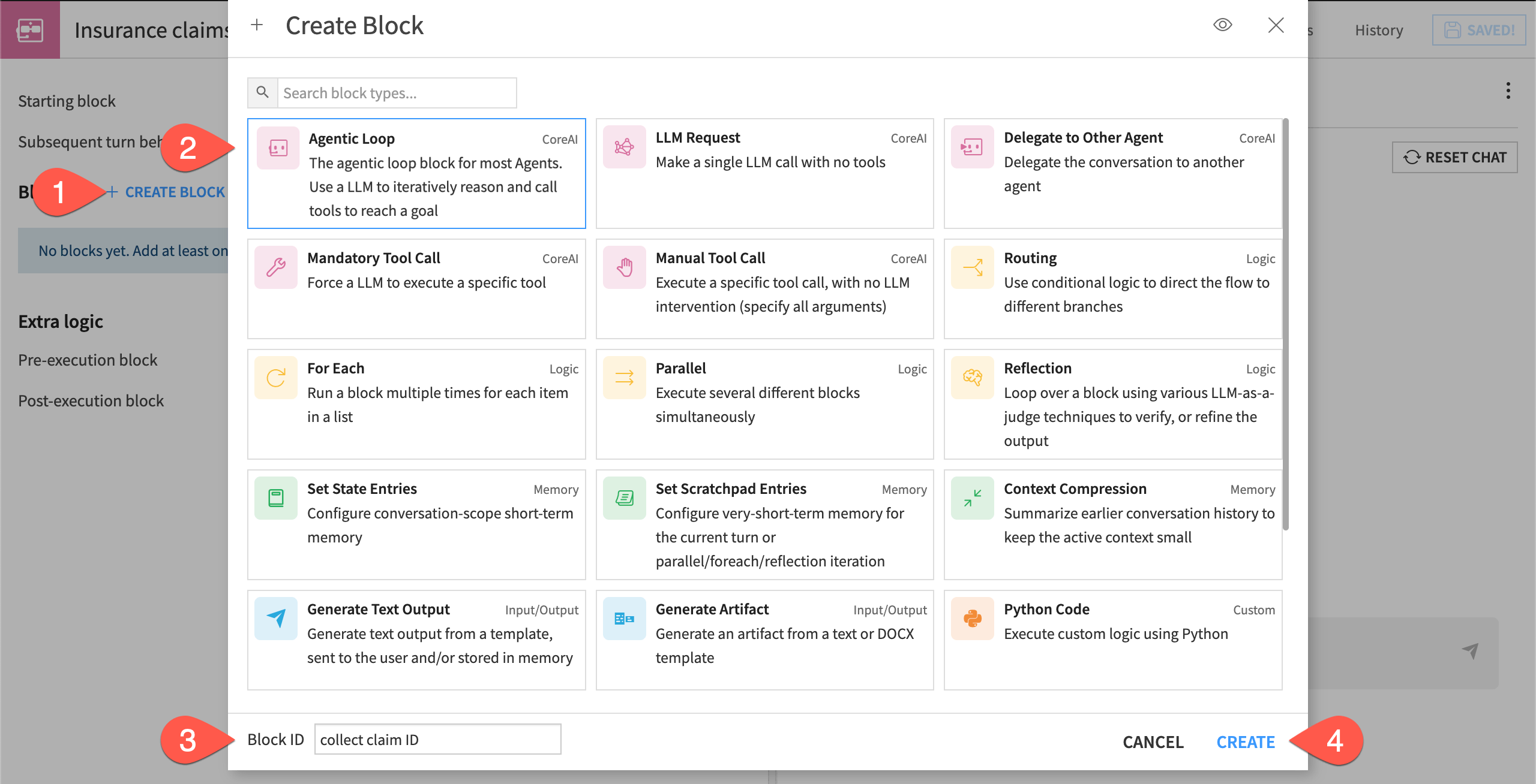 Dataiku screenshot showing the steps to create an Agentic Loop block.