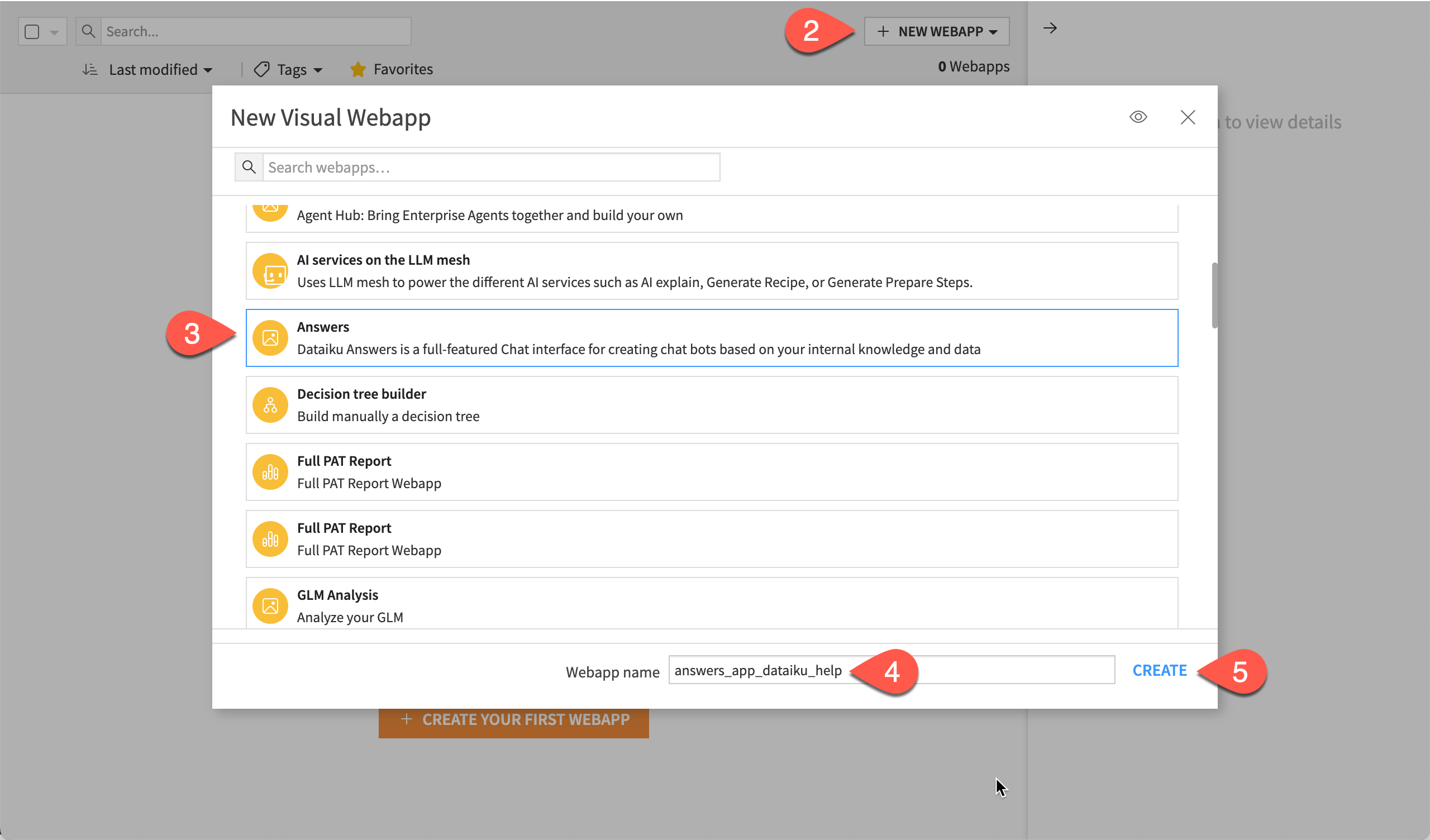 Dataiku screenshot of the dialog to create an Answers webapp.