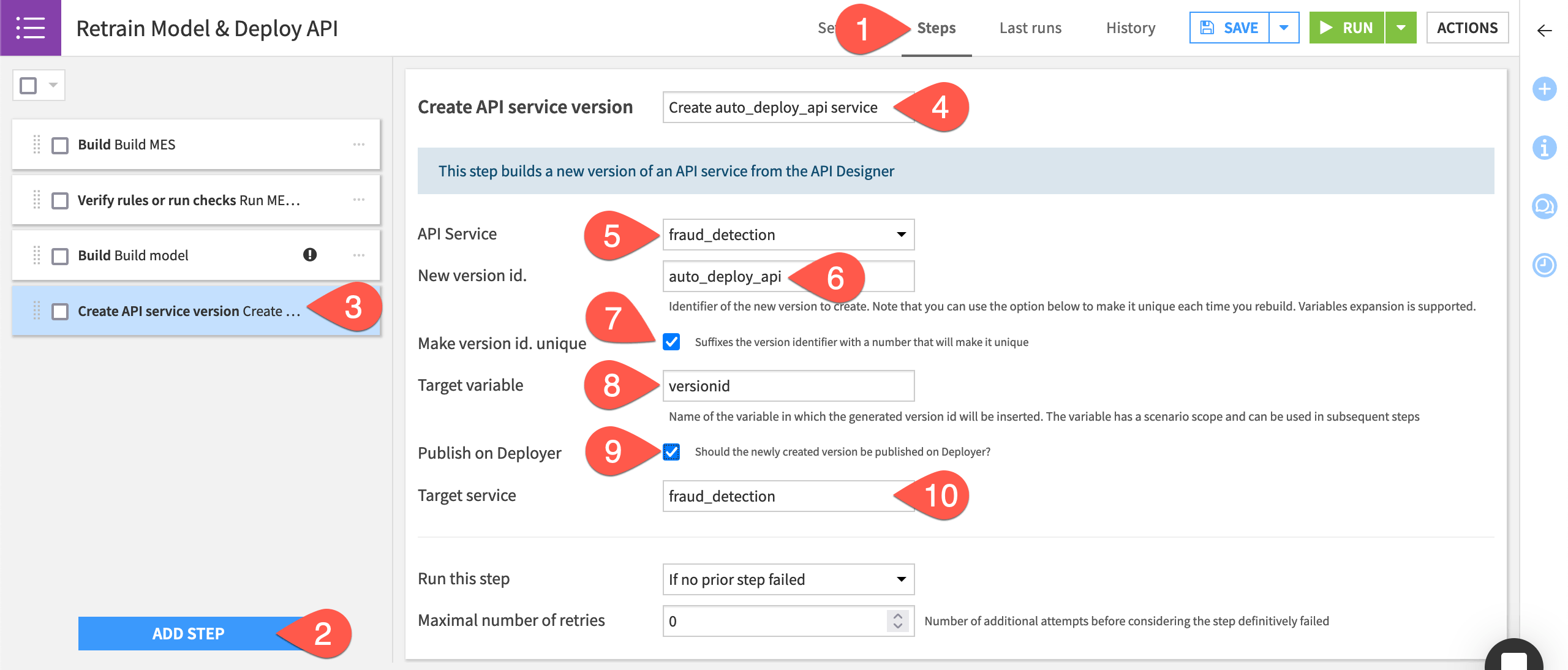 Dataiku screenshot of the scenario step to create an API service version.