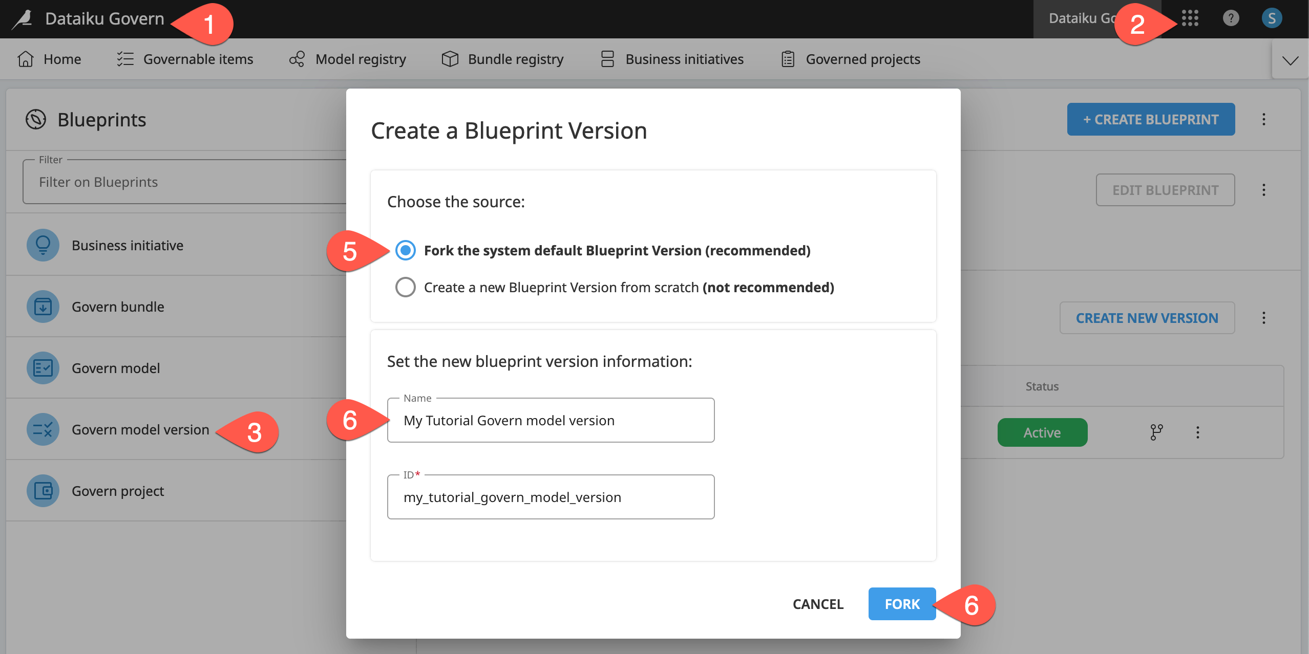 The Govern model version page in the Blueprint Designer.