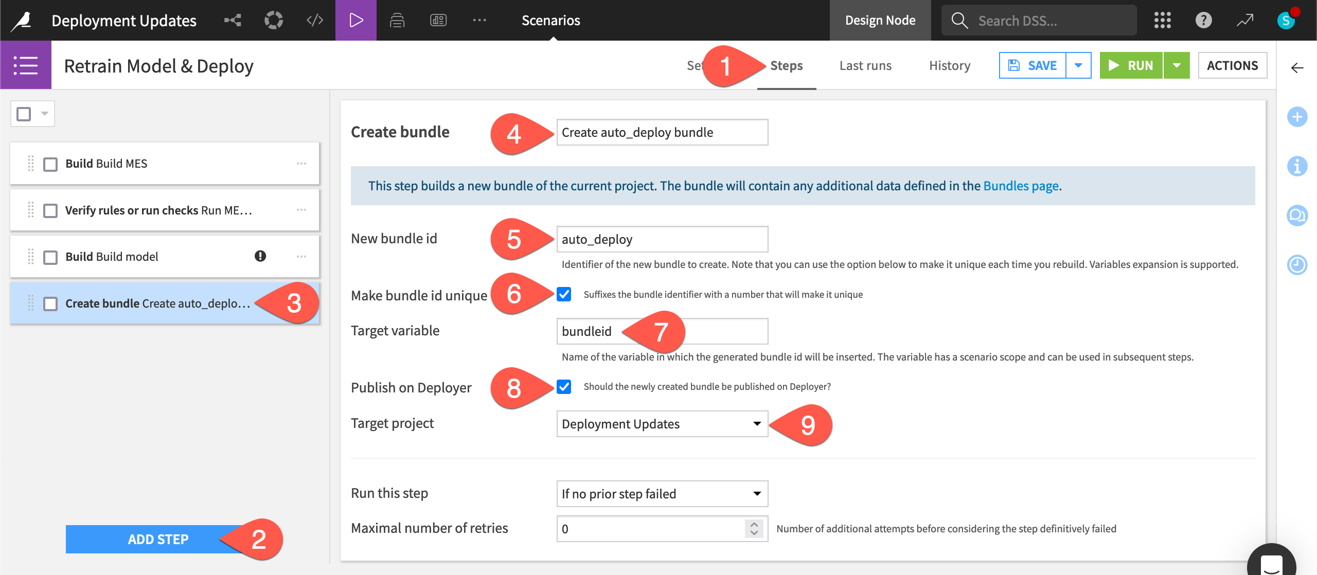 Dataiku screenshot of the create bundle step.