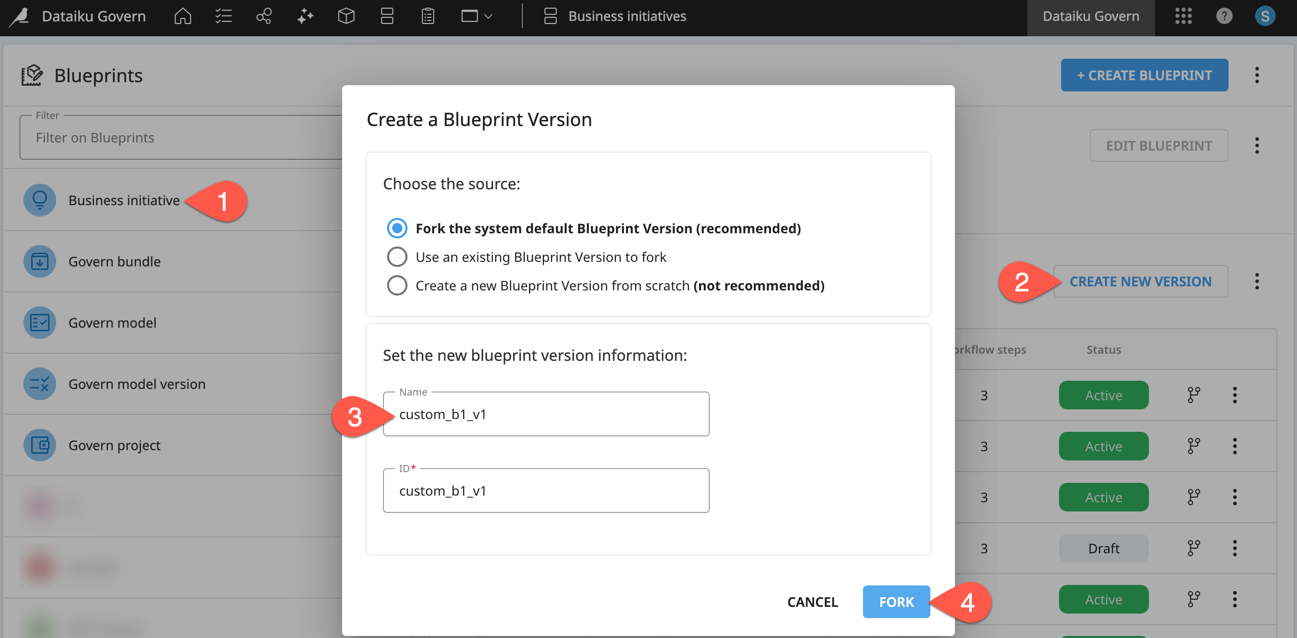 Dataiku screenshot of the dialog to create a Business initiative.