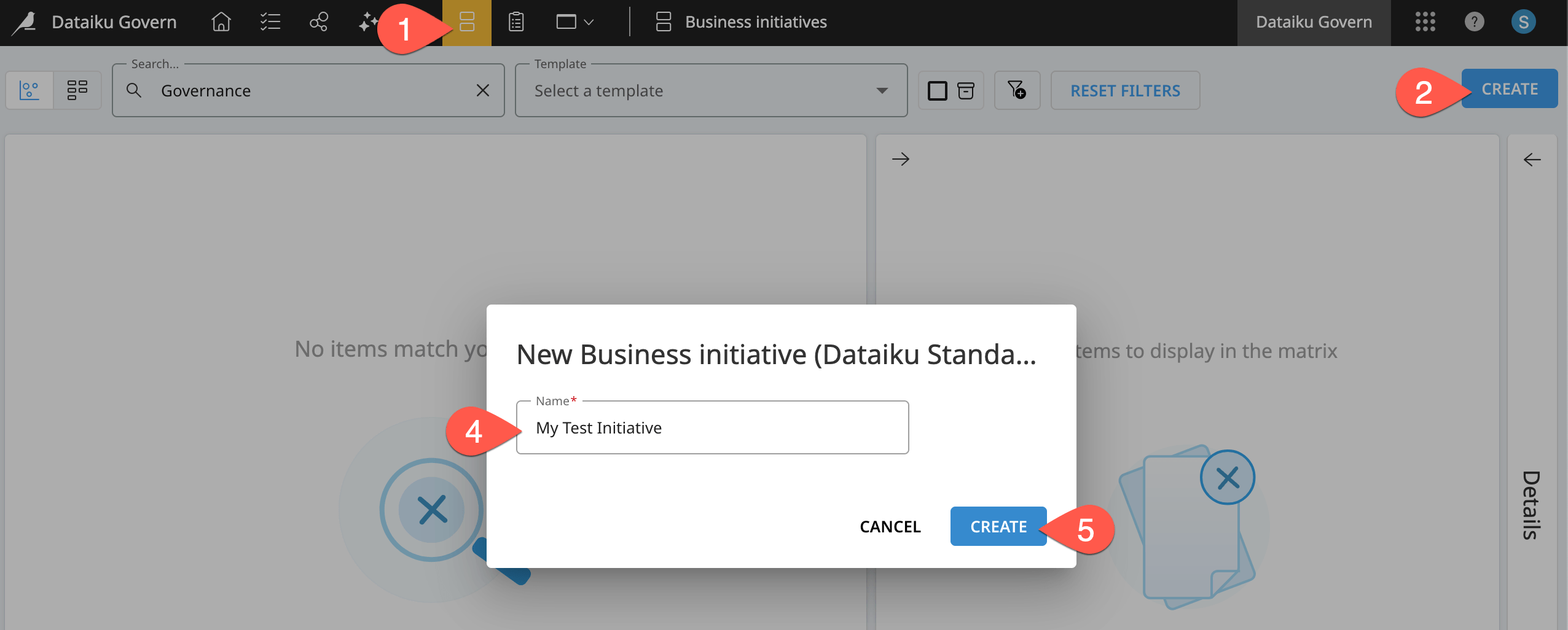 Dataiku screenshot of the dialog for creating a business initiative.