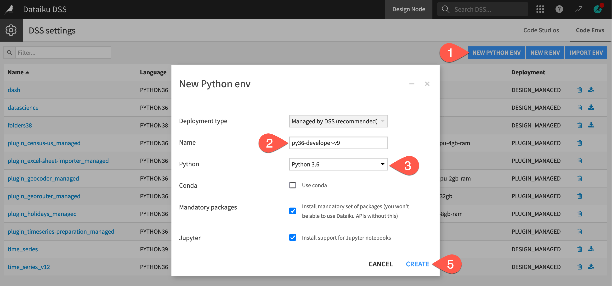 Dataiku screenshot of the dialog for creating a new code environment.