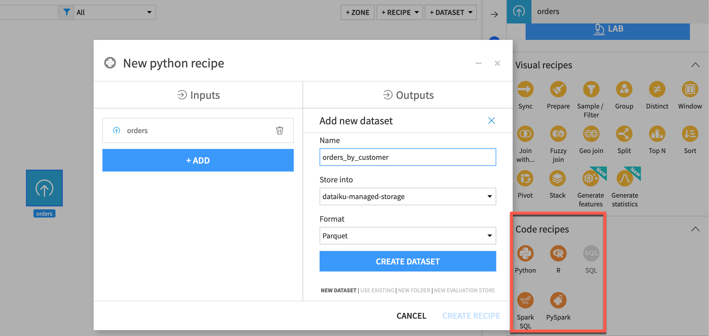 Dataiku screenshot of the dialog for creating a code recipe.