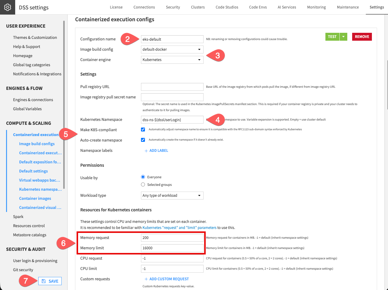 Screenshot of a containerized execution configuration with resource limits set.