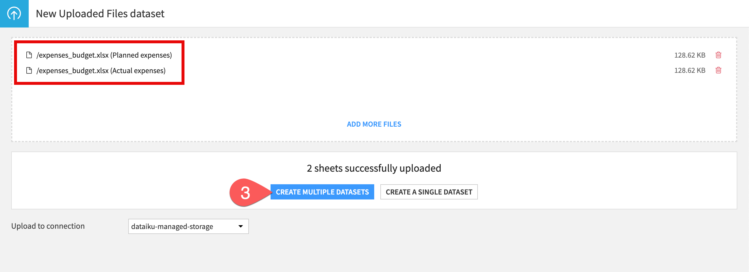 Dataiku screenshot showing how to create datasets.
