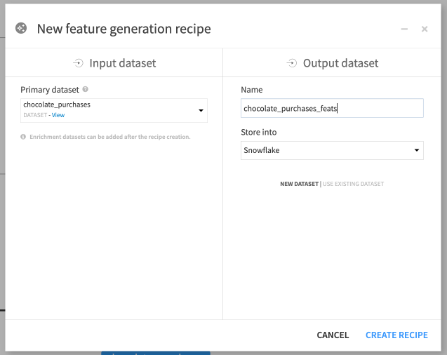 Info window to create a new feature generation recipe.