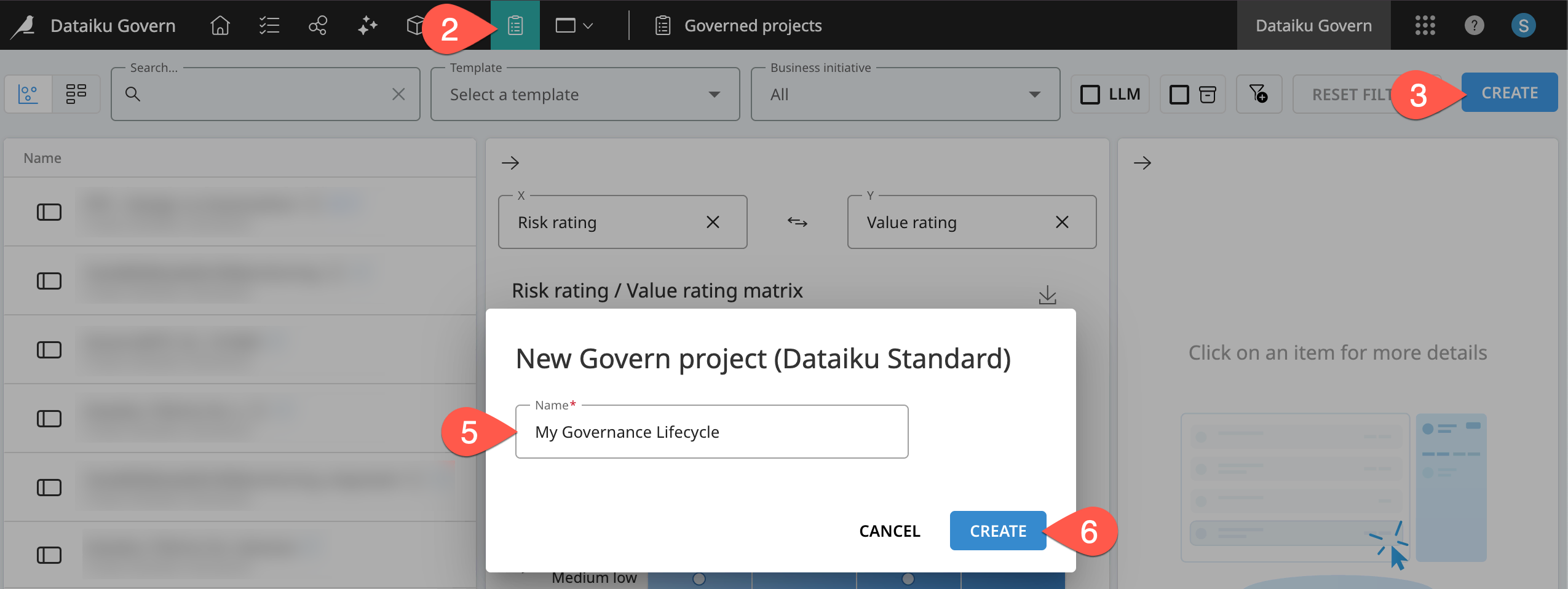Dataiku screenshot of the dialog to create a Govern project.