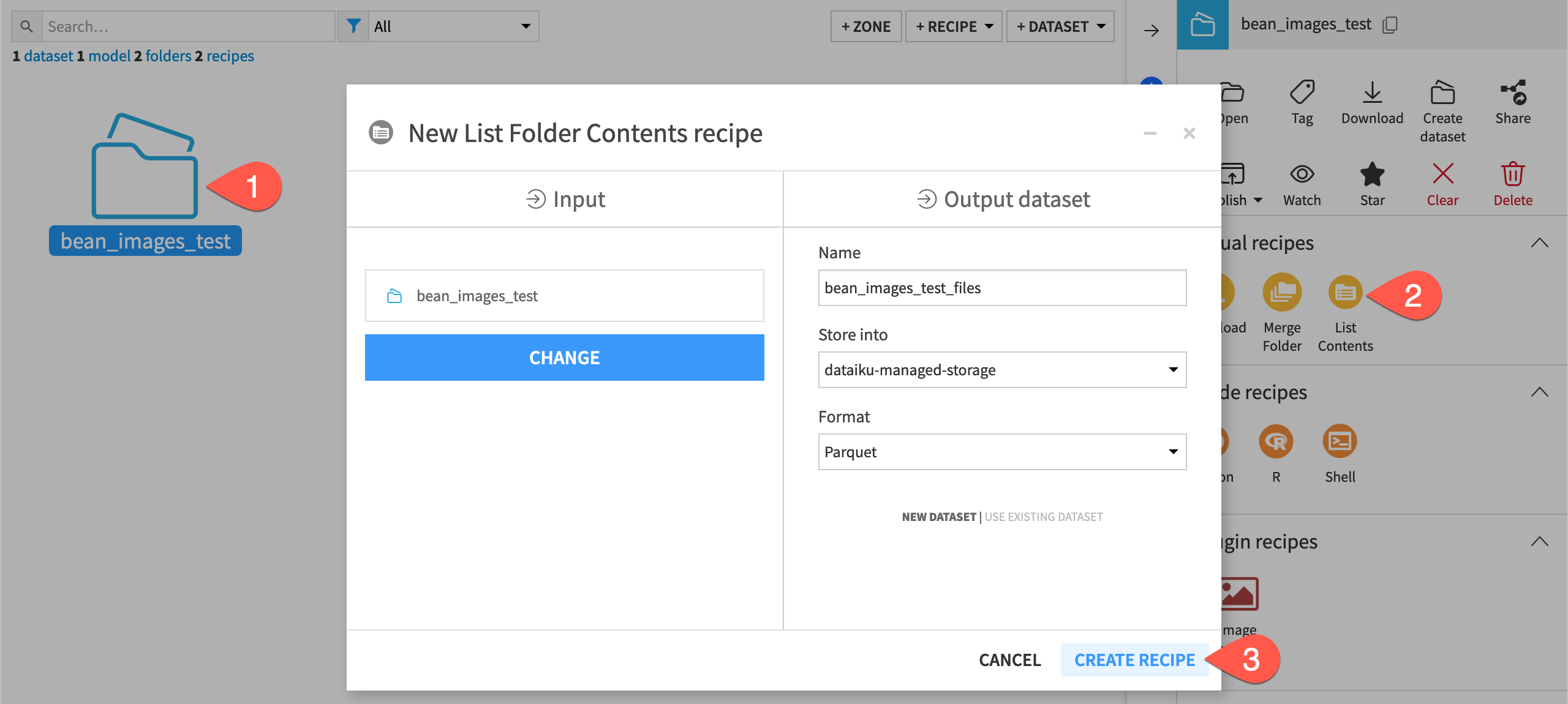 Dataiku screenshot of the dialog to create a List Contents recipe.