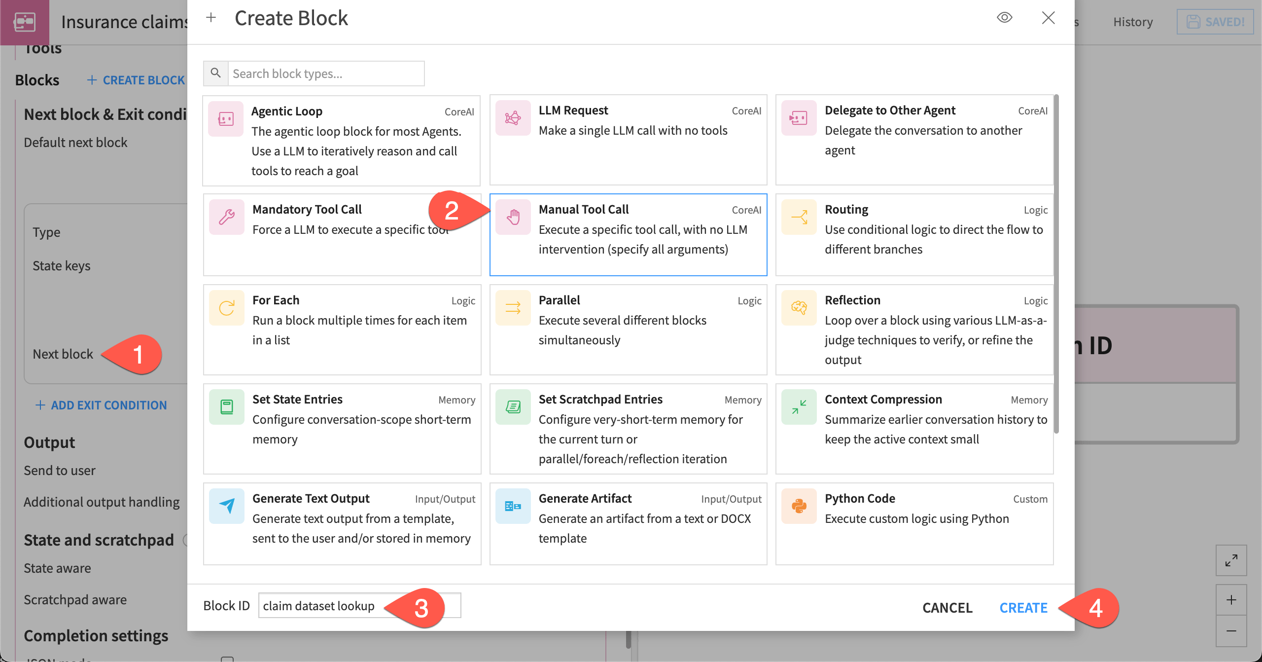 Dataiku screenshot showing the steps to create the Manual Tool Call block from the first block.