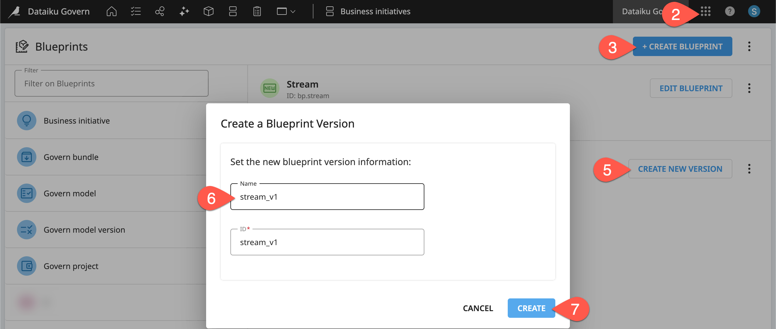 Dataiku screenshot of the dialog to create a new blueprint.