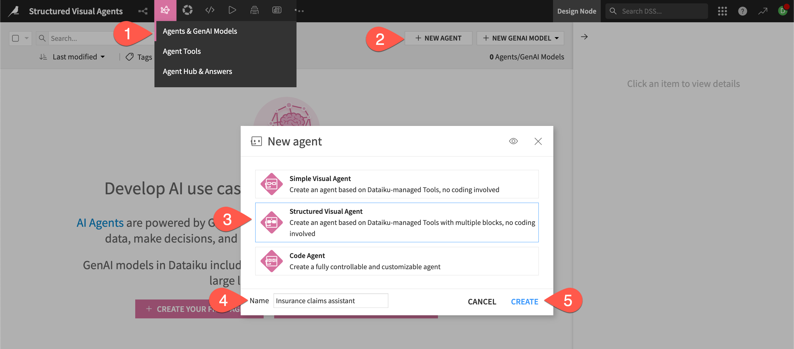 Dataiku screenshot showing steps to create a structured agent.