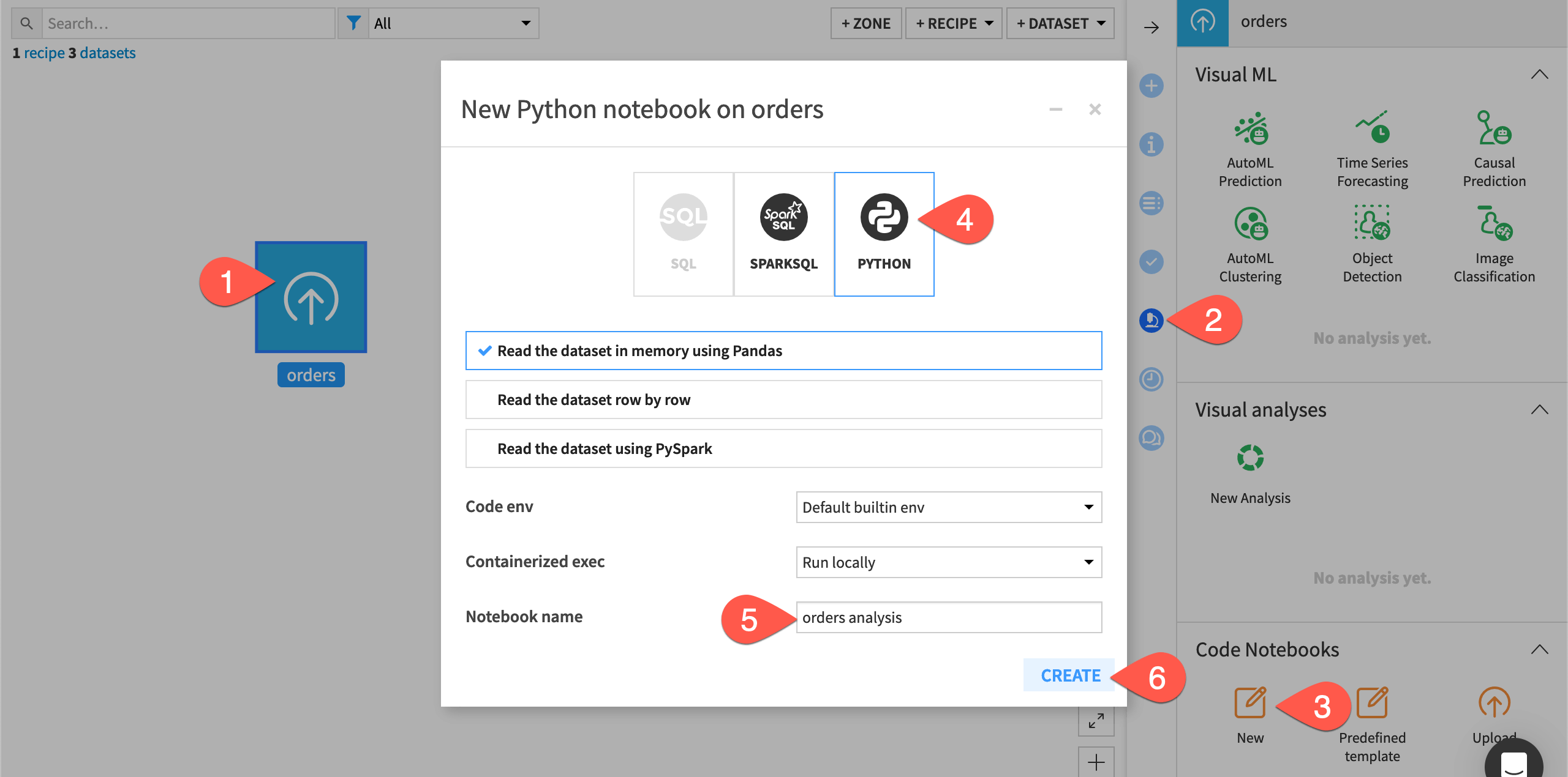 Dataiku screenshot of dialog for creating a Python notebook.