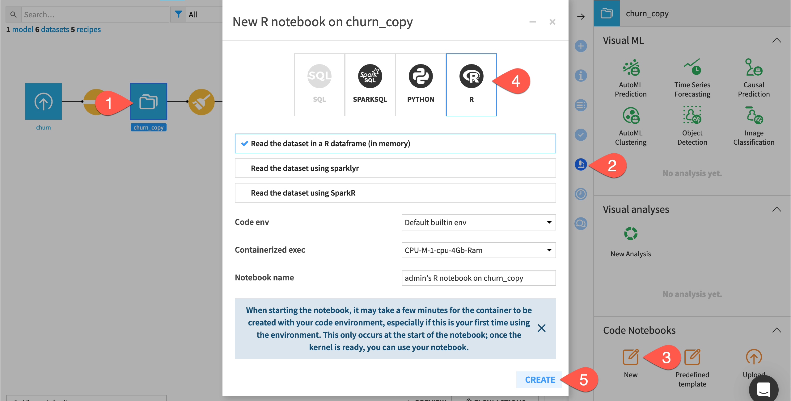 Dataiku screenshot of the dialog to create an R notebook.