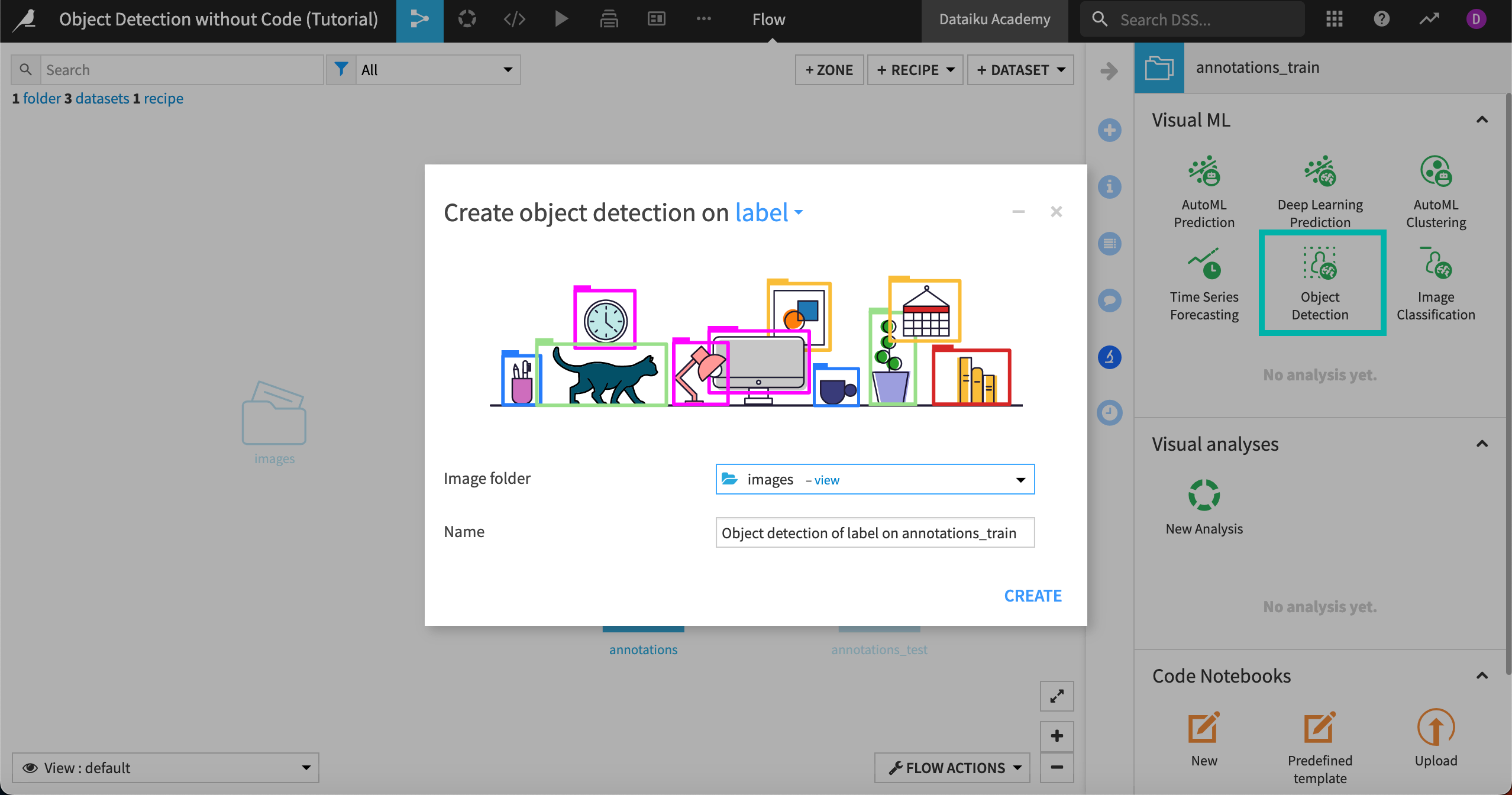 Screenshot showing the create object detection model info window.