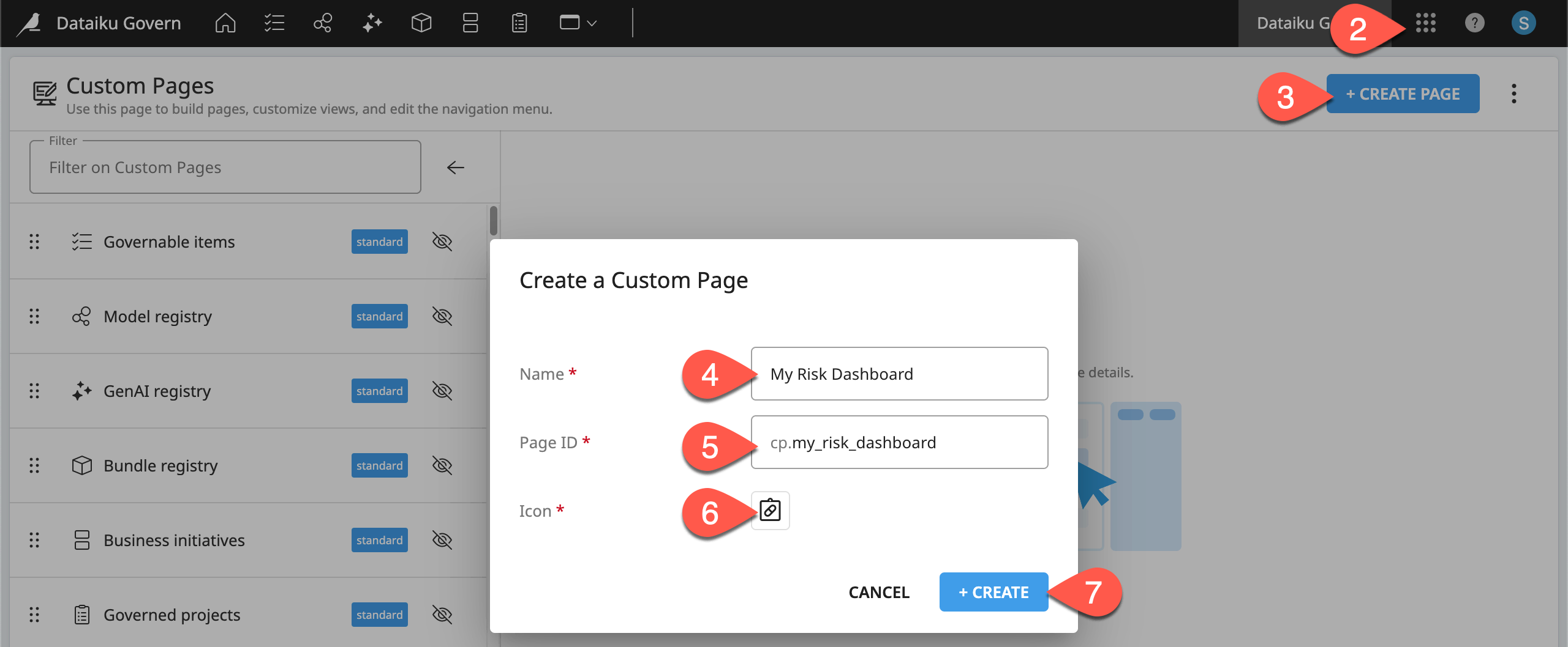 Dataiku screenshot of the dialog to create a new custom page.