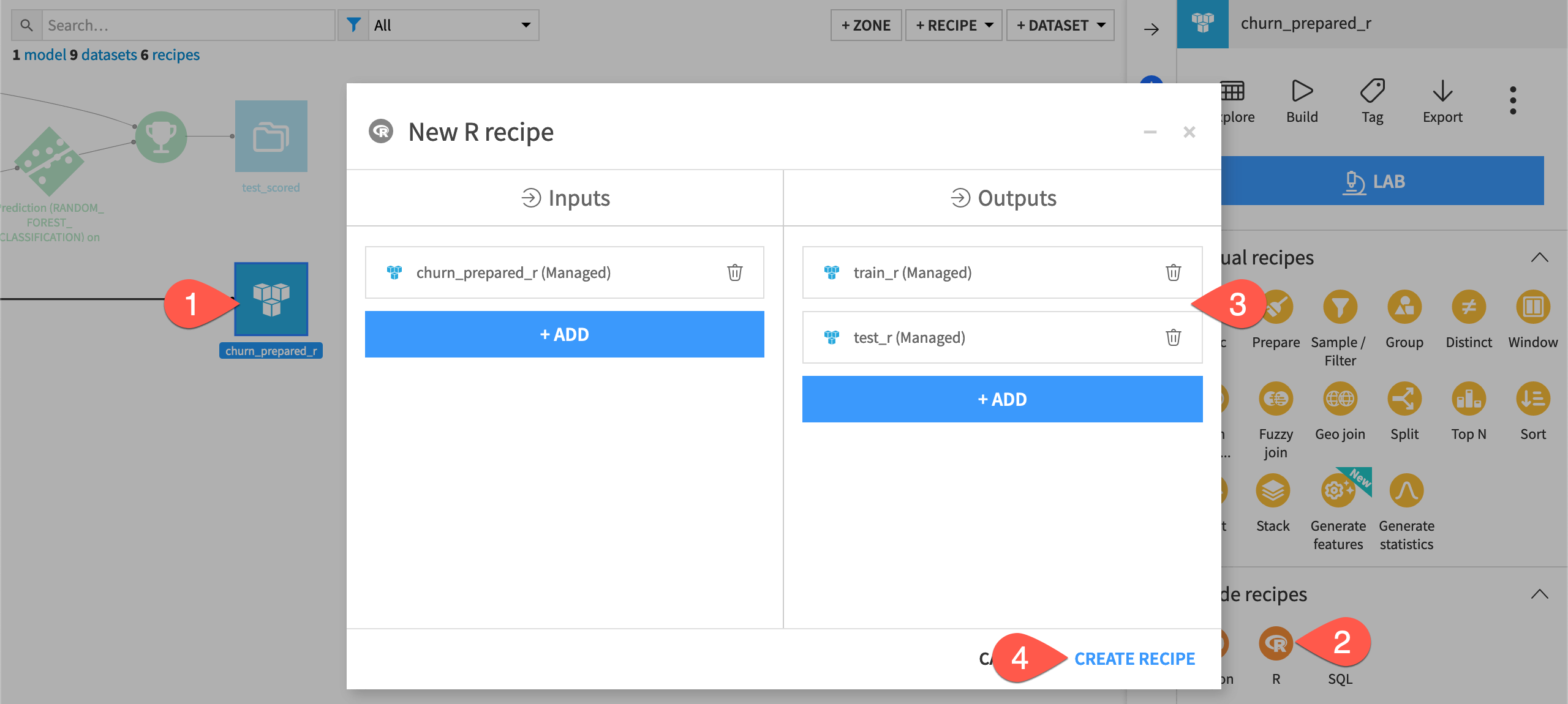 Dataiku screenshot of the dialog for creating an R recipe from the Flow.