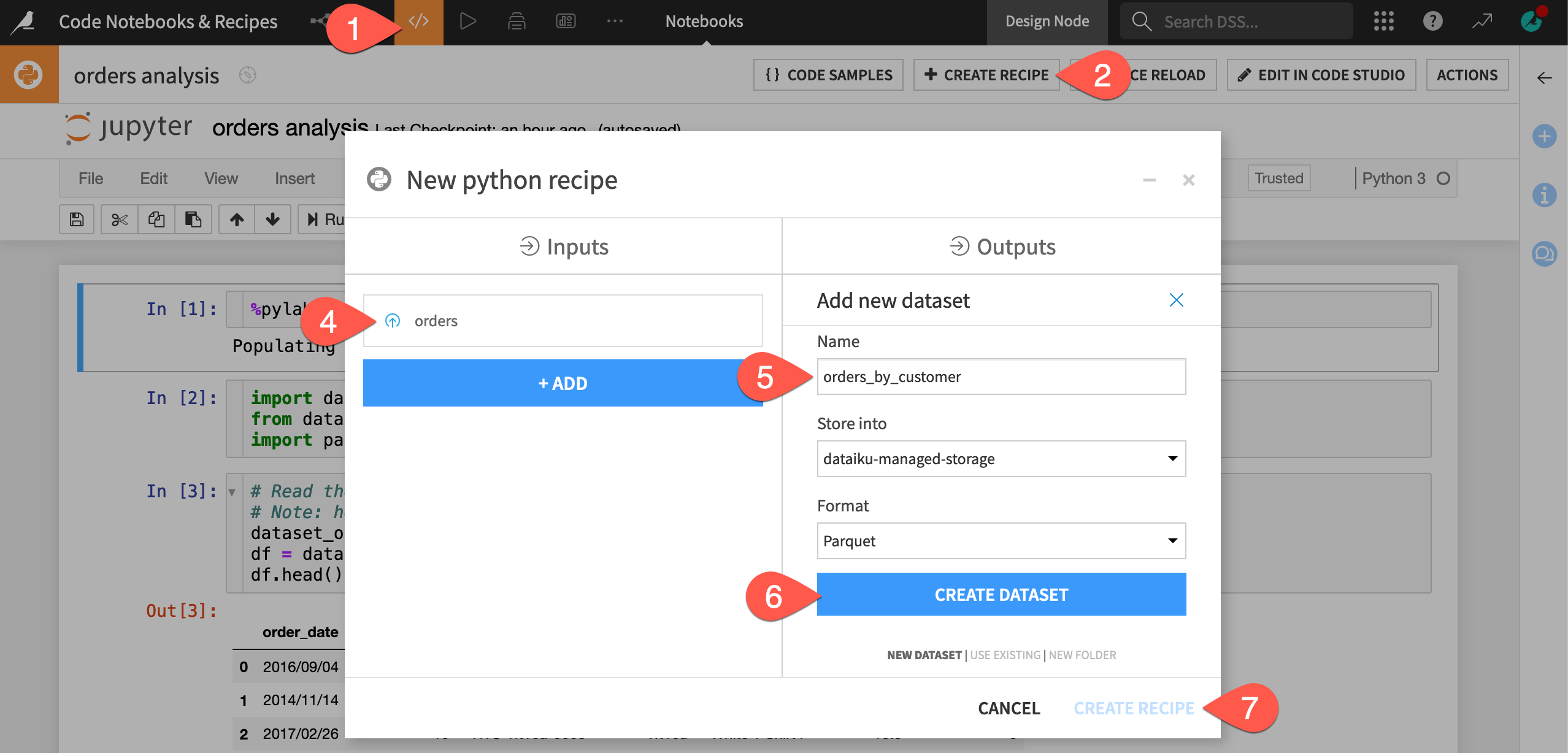 Dataiku screenshot of a dialog for creating a recipe from a notebook.