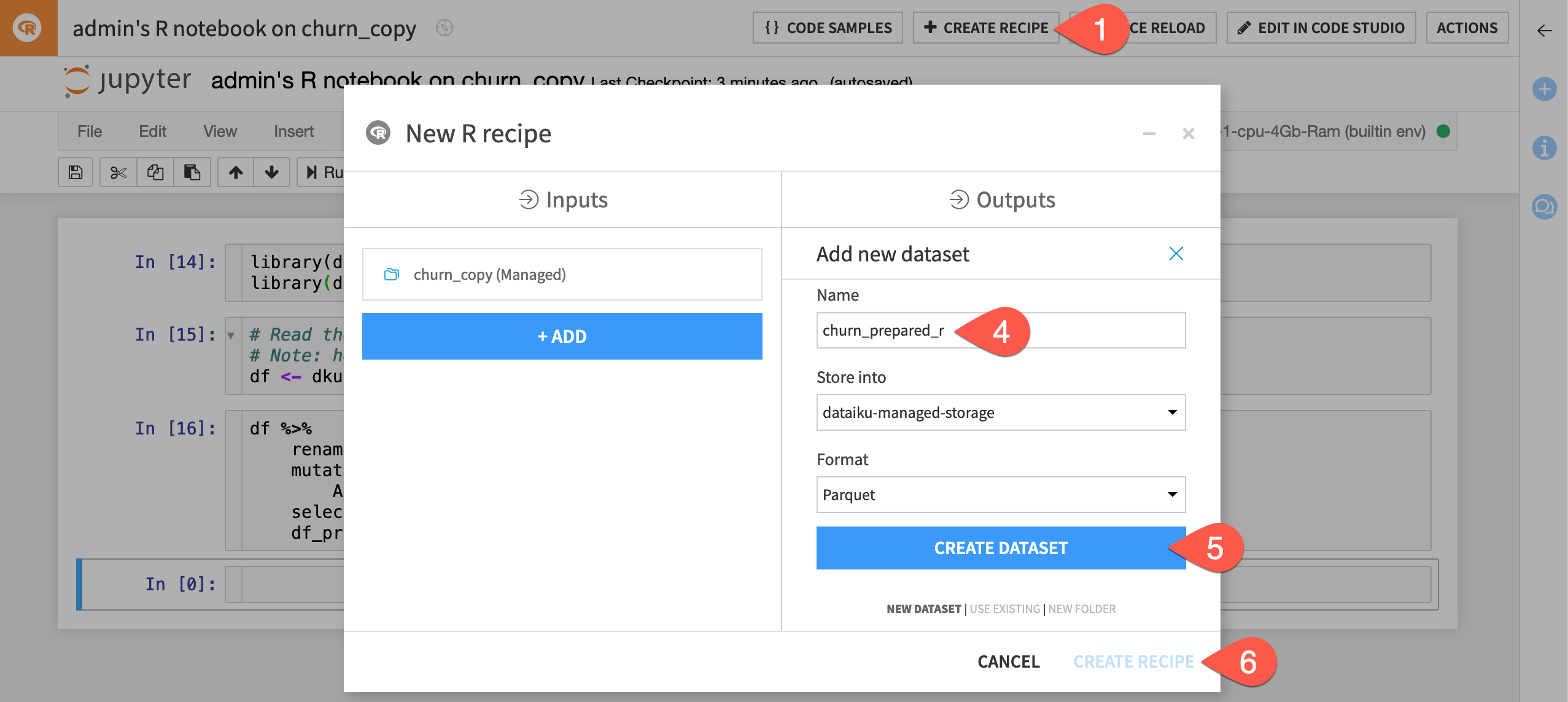 Dataiku screenshot of the dialog to create a code recipe from a notebook.