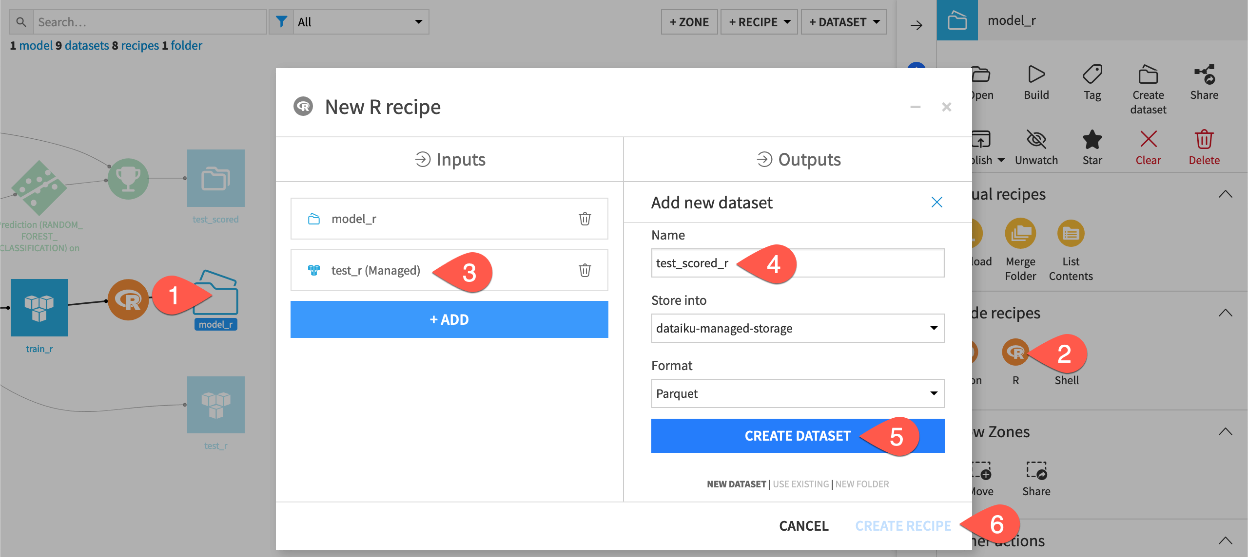 Dataiku screenshot of a dialog to create an R recipe.