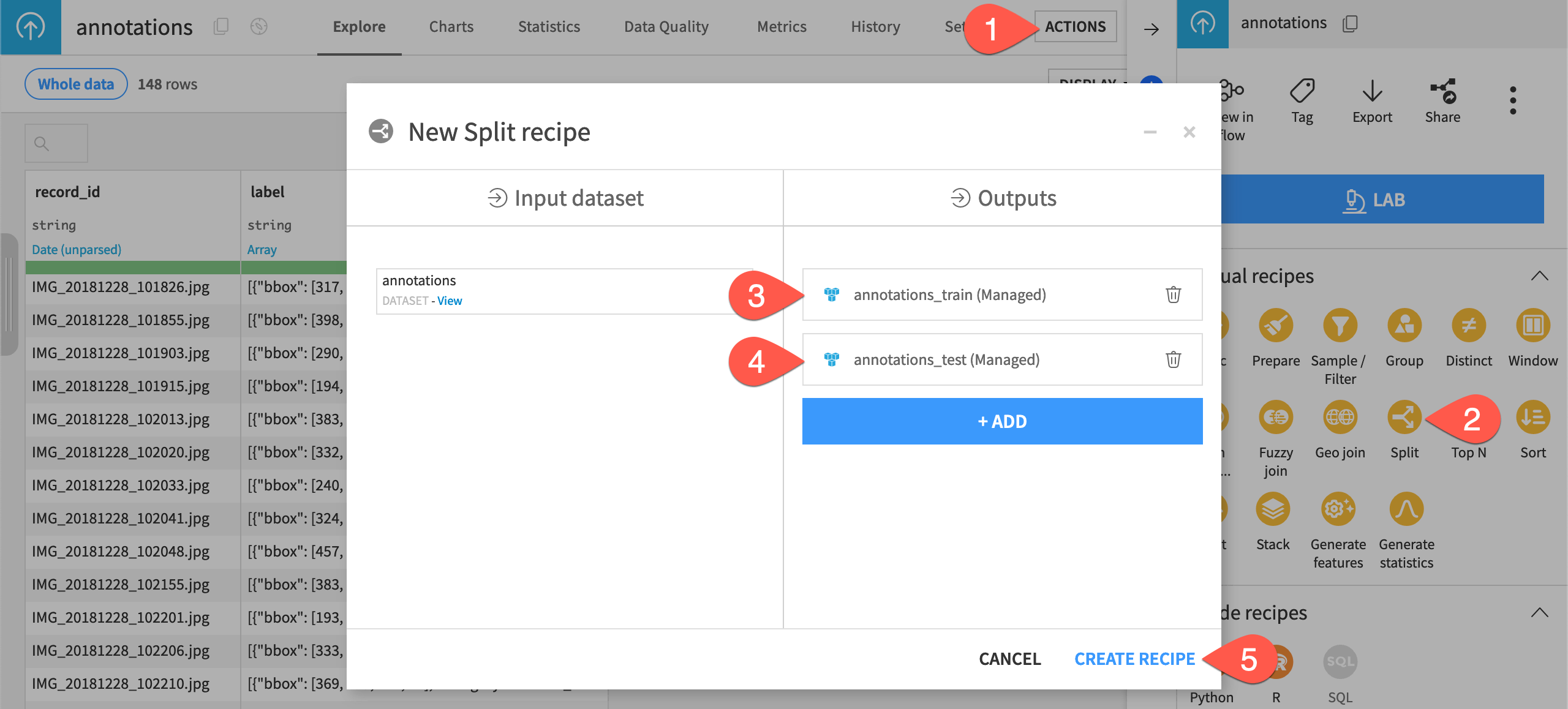 Dataiku screenshot of the dialog for a Split recipe.