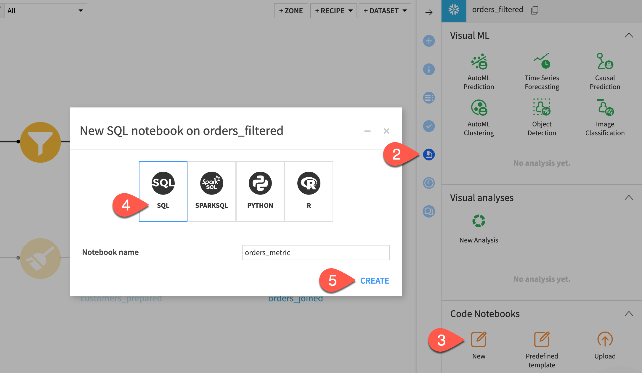 The steps to create an SQL notebook.