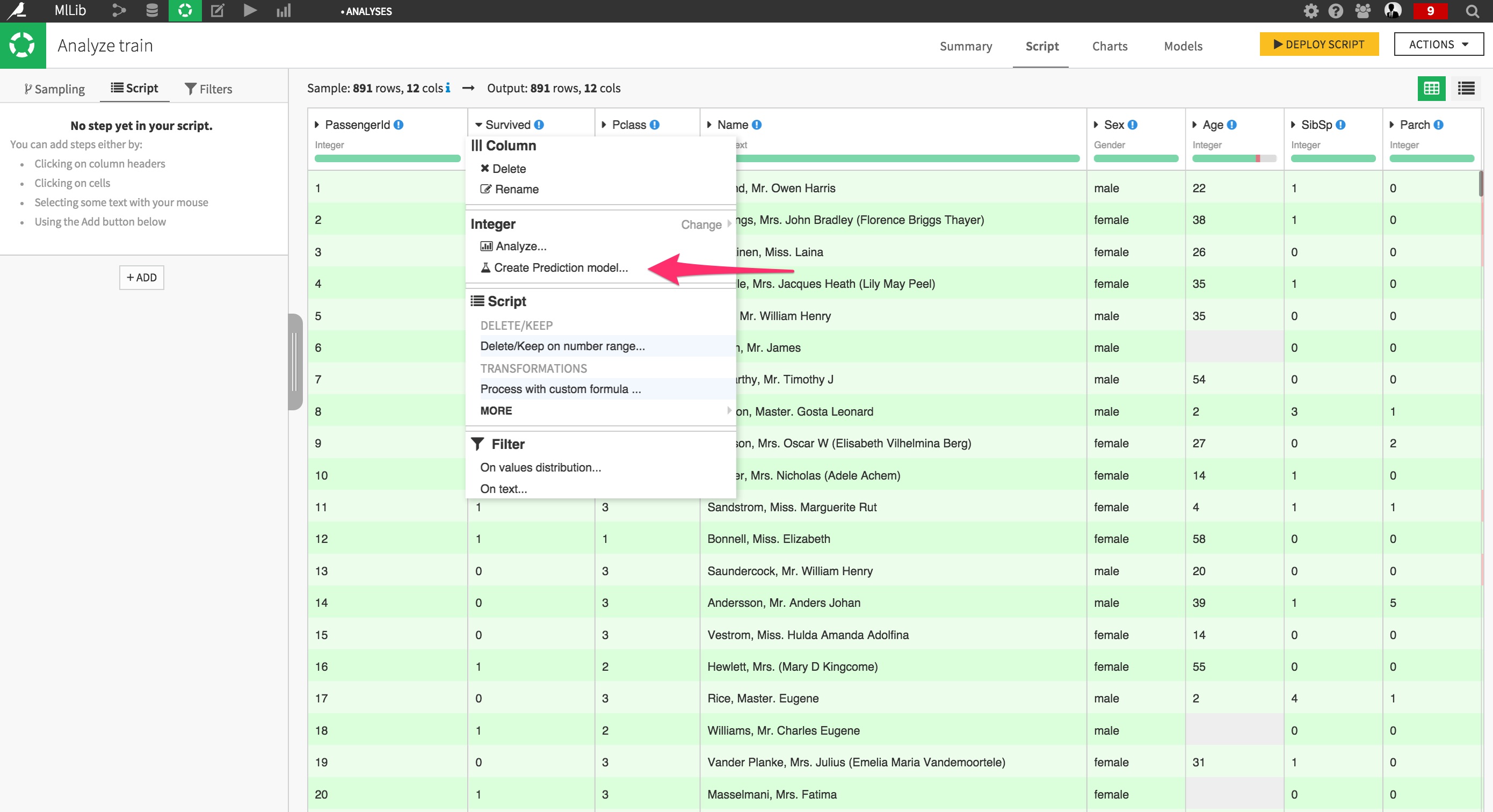 Creating a new prediction model from within a Dataiku analysis.