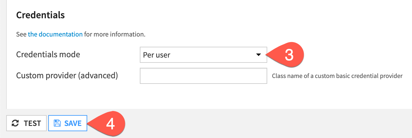 Dataiku screenshot of the credentials mode setting in a connection.