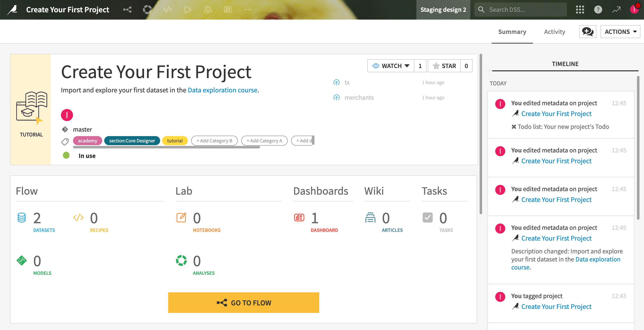 A Dataiku screenshot showing a project homepage.
