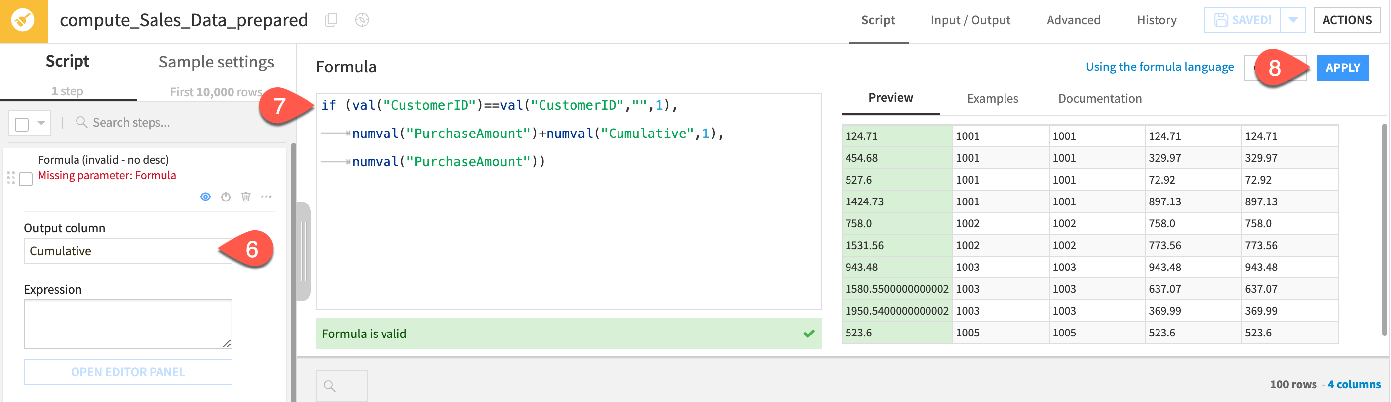 The result of the example summation formula using an offset argument to reference previous rows.