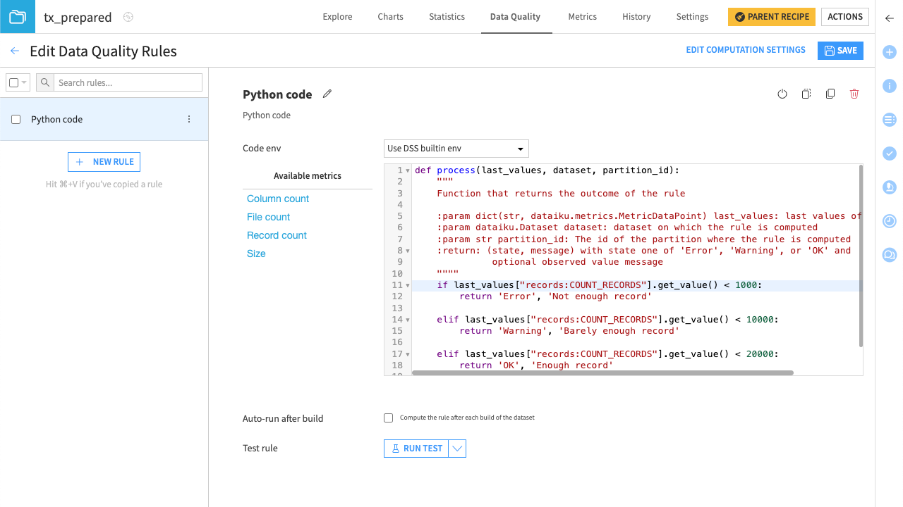 Dataiku screenshot of the data quality rule page showing a custom Python rule.