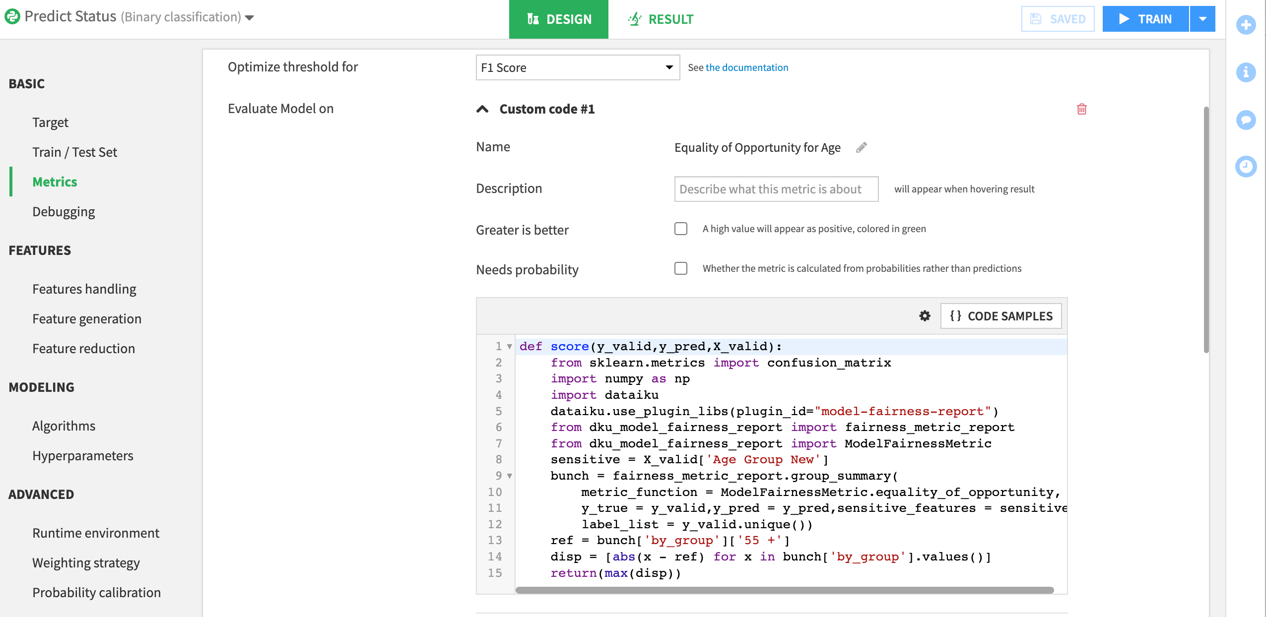 Dataiku screenshot of the custom metric code block.