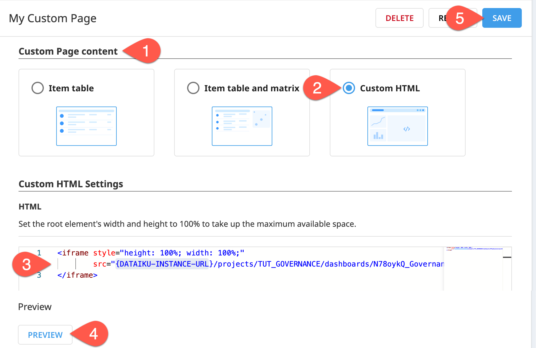 Dataiku screenshot of a custom HTML page in the Custom Page Designer.