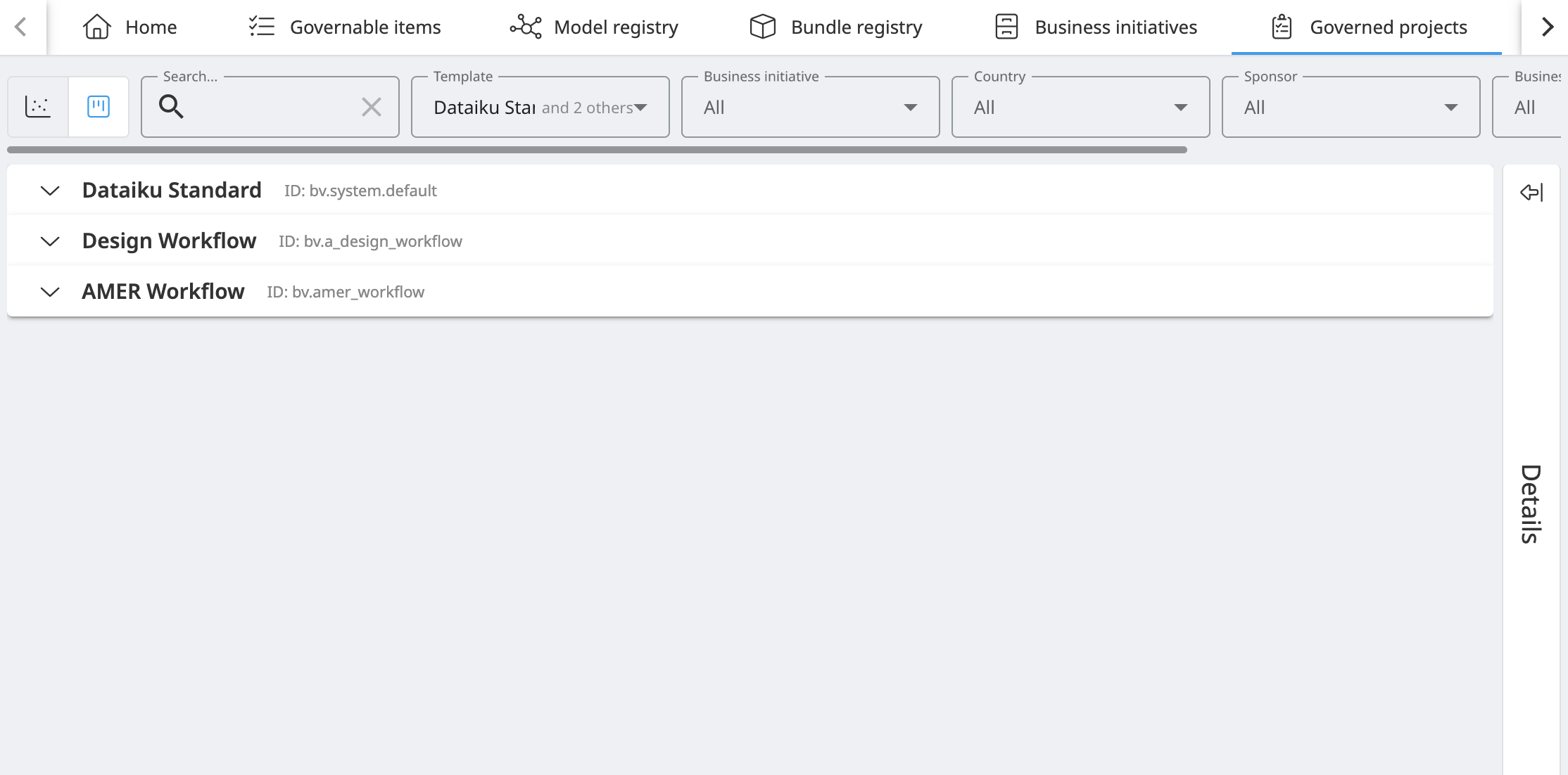 Dataiku Govern screenshot of collapsed custom Kanban boards.