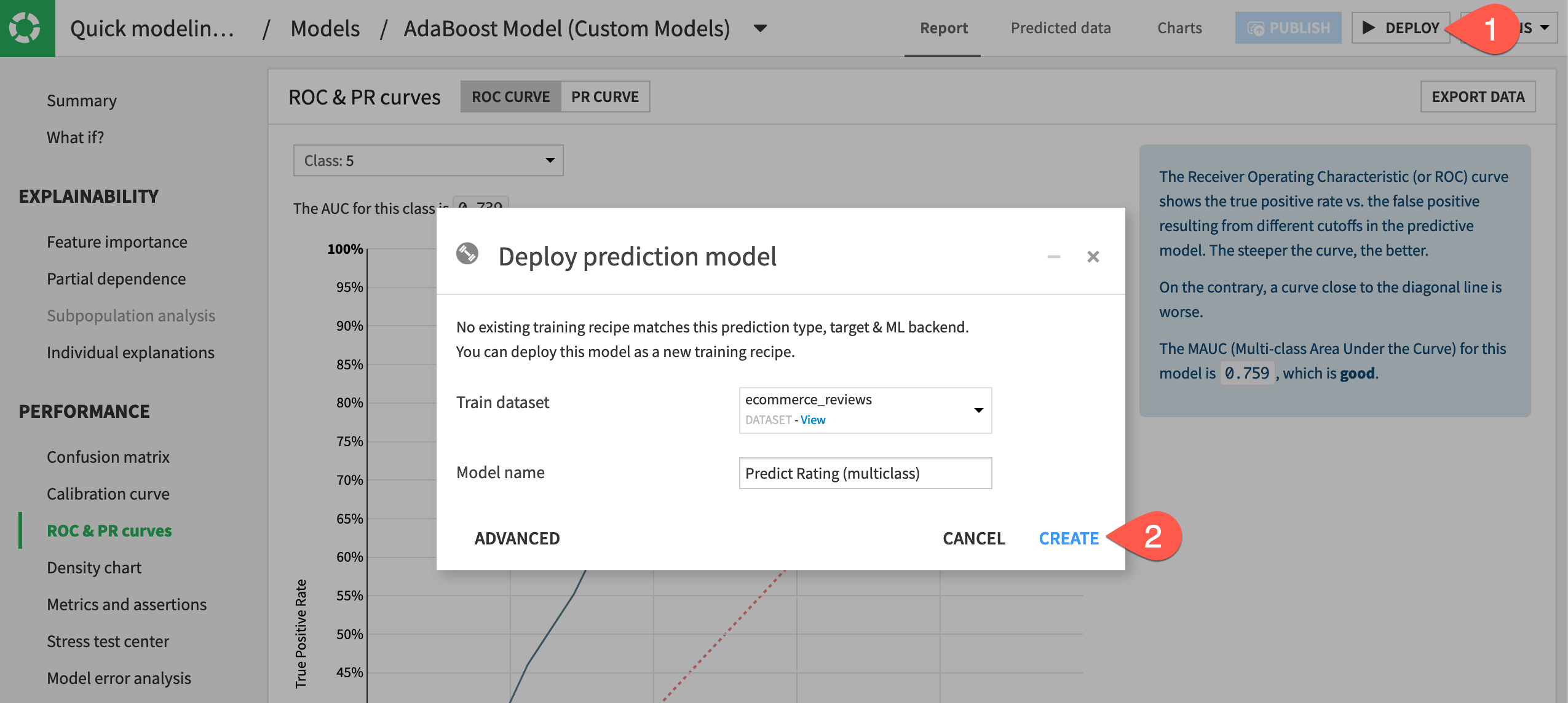 Dataiku screenshot of the dialog to deploy a model to the Flow.