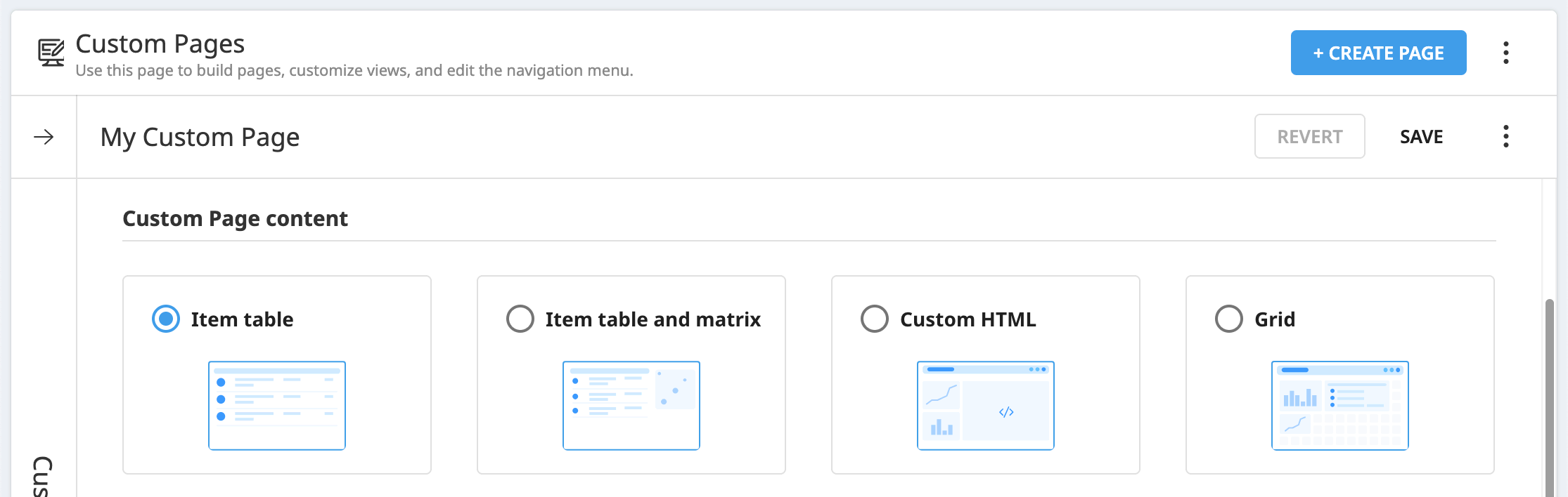 Dataiku screenshot of custom page layout options.